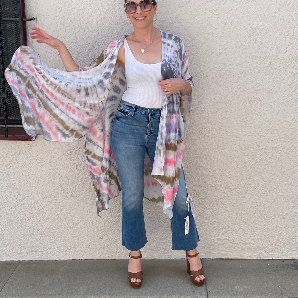 035 Boho Tie Dye Kimono beach Cover up - Picture 9 of 15